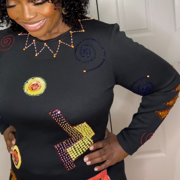 LIZ CLAIBORNE Vintage Long Sleeve Beaded Bodycon Dress-Medium - Picture 3 of 14